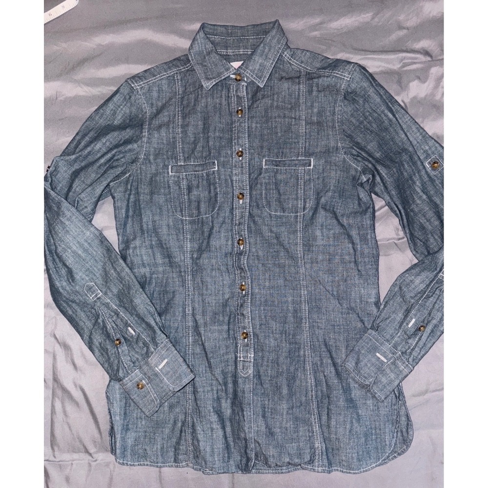 Brooks Brothers 346 Women's Denim Chambray Roll Sleeve Button Up‎ Blouse, 2
